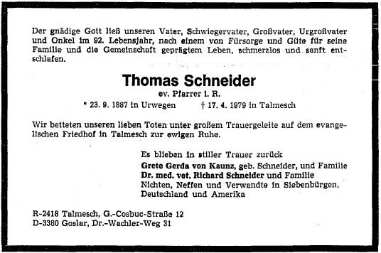 Schneider Thomas 1887-1979 Todesanzeige